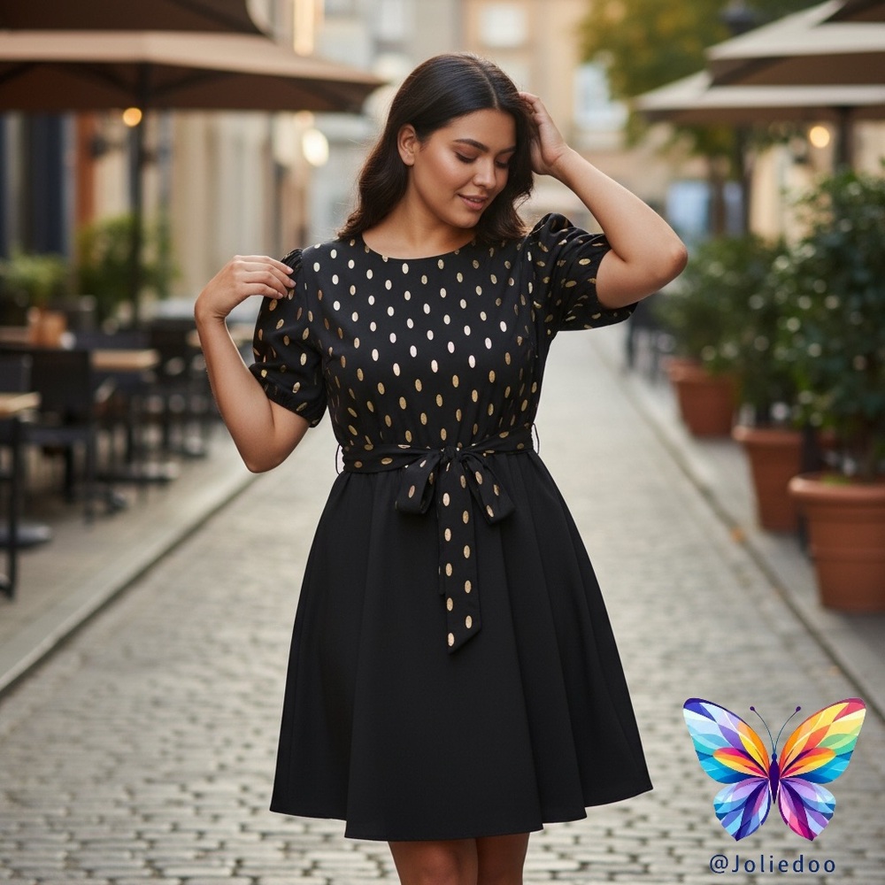 EUC Emery Rose Black&Gold dot print belted dress 1XL